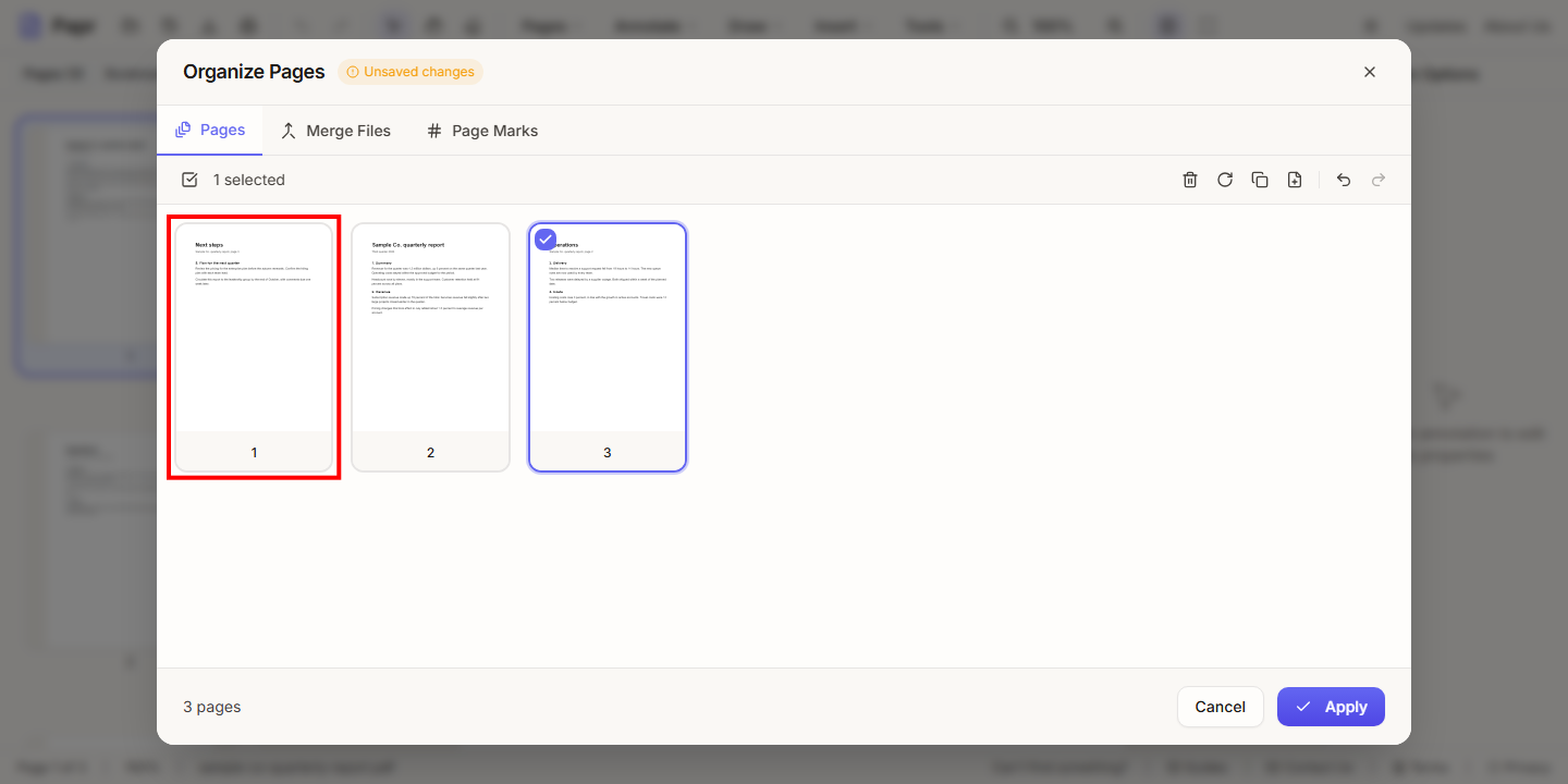 The third page moved to the front, so Next steps is now page 1, and the Unsaved changes label is shown.