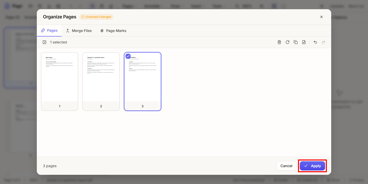 The footer of the Organize Pages dialog with the Apply button outlined in red, beside Cancel.