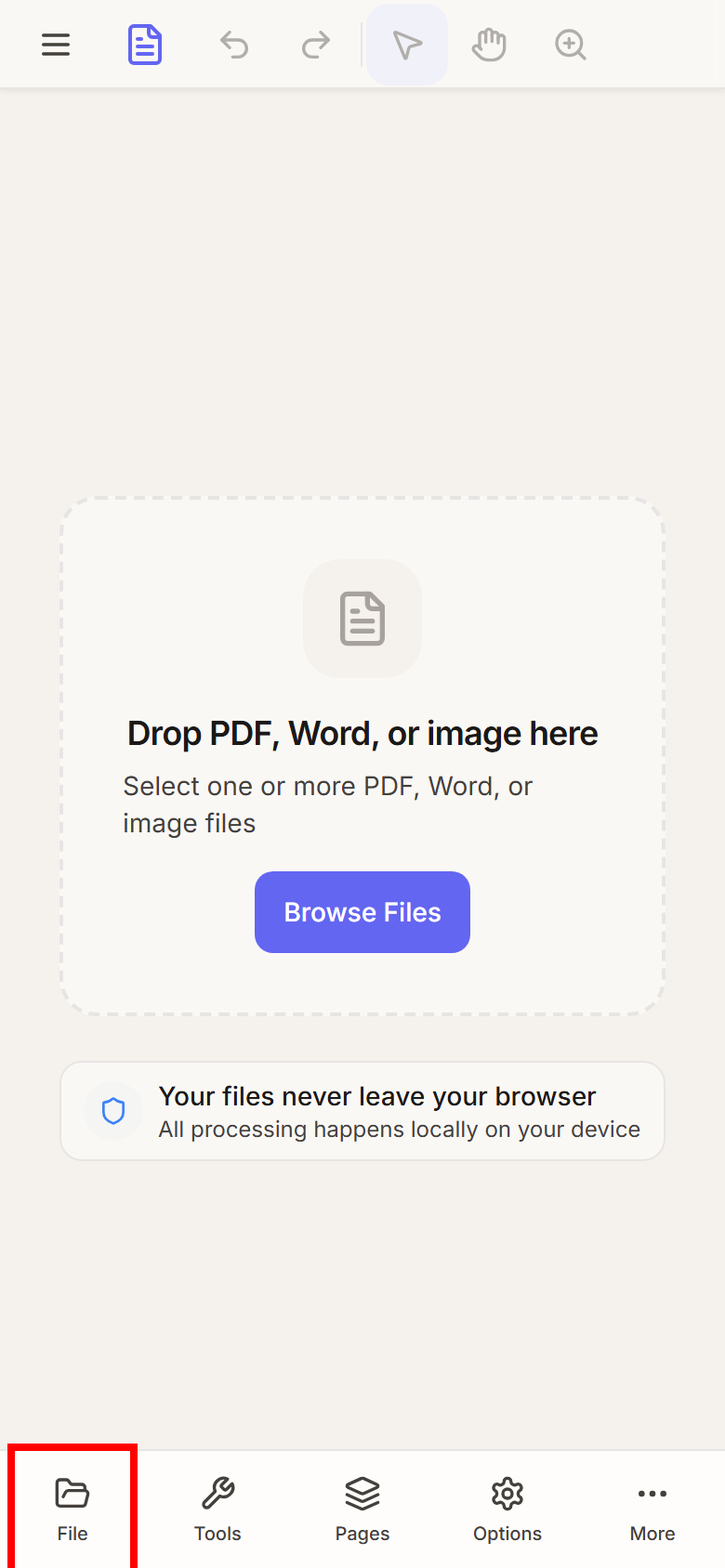 The empty PDF editor on a phone, with the File button at the bottom left outlined in red.