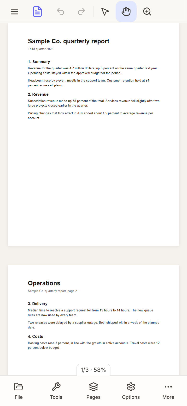A page of the sample report fitted to the width of a phone screen, with the page counter at the bottom.