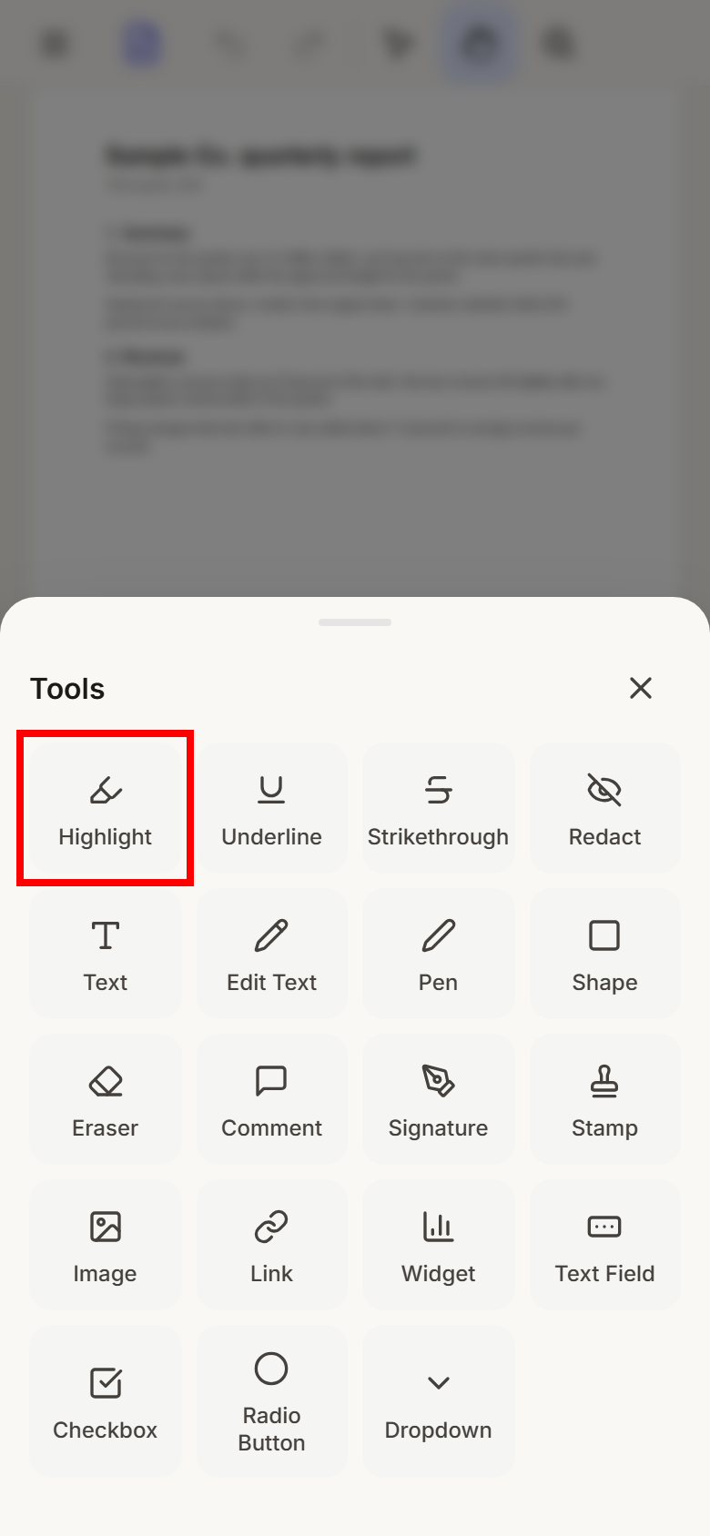 The Tools sheet open from the bottom of the screen, with Highlight outlined in red.