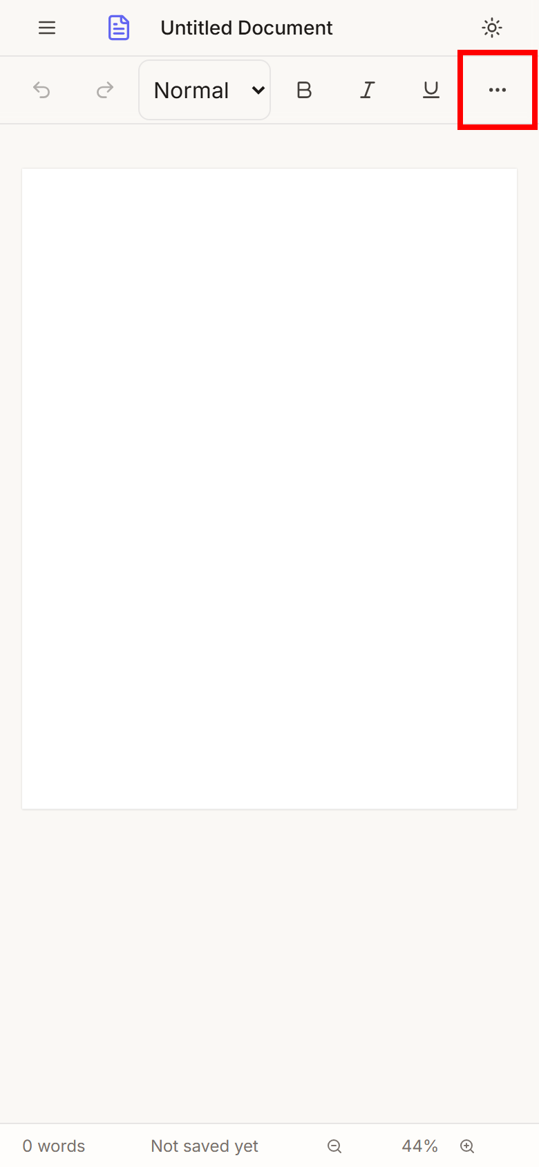 Papr Docs on a phone, with the More button at the right of the toolbar outlined in red.