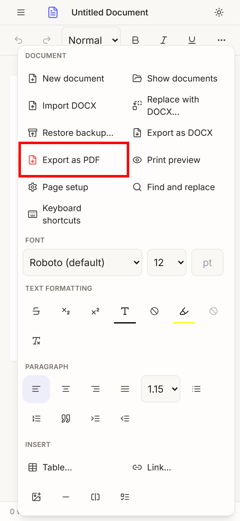 The More menu of Papr Docs on a phone, with Export as PDF outlined in red.