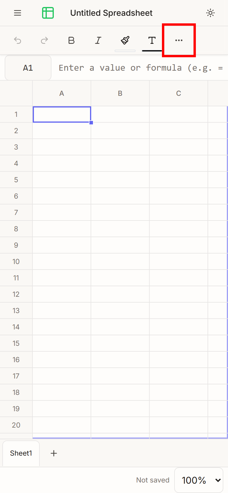 Papr Sheets on a phone, with the More button at the right of the toolbar outlined in red and the formula bar below it.