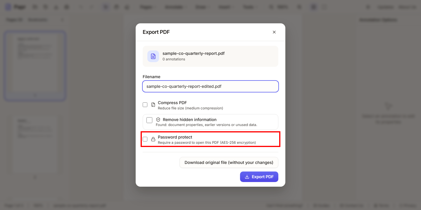 The Export PDF dialog with the Password protect option outlined in red.