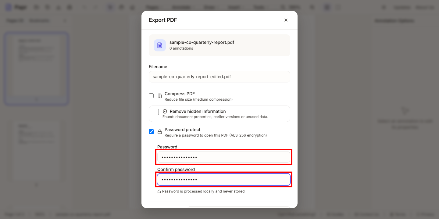 The Password and Confirm password fields in the export dialog, outlined in red, under the ticked Password protect option.