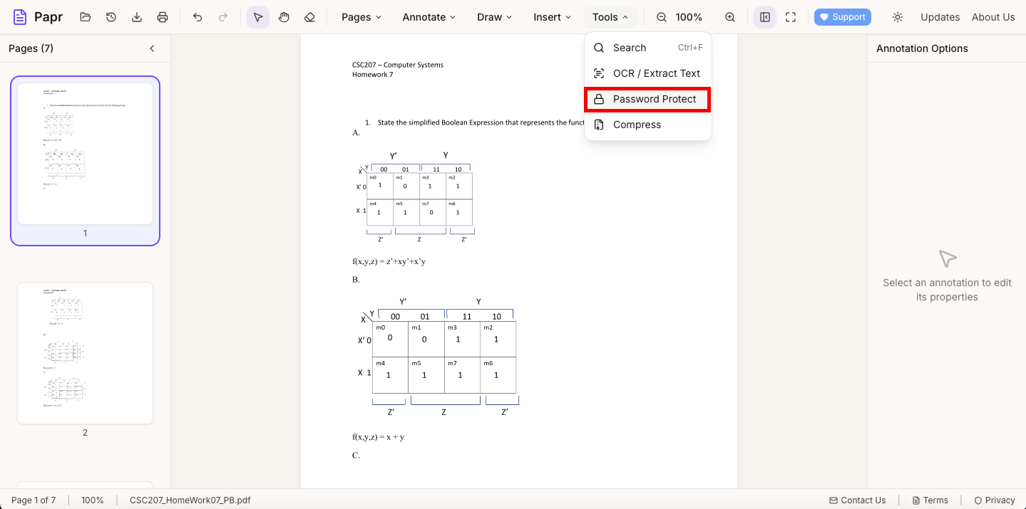 Tools dropdown menu with Password Protect option highlighted