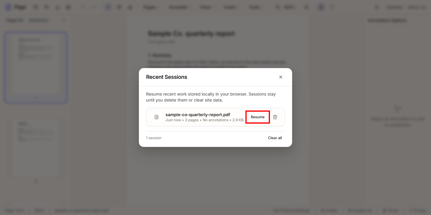 The Recent Sessions list with one PDF, and its Resume button outlined in red.