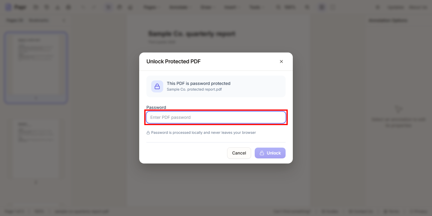 The Unlock Protected PDF dialog with its Password field outlined in red.