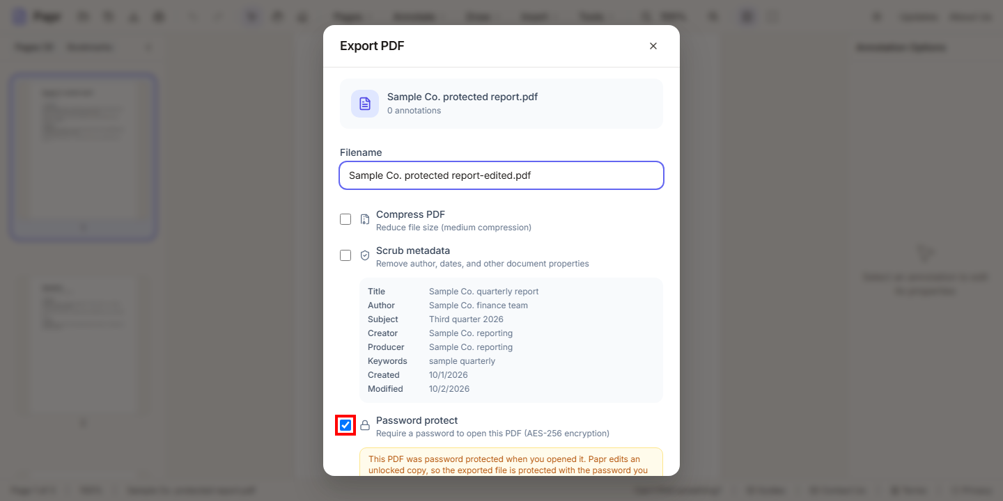 The Export PDF dialog with the Password protect box ticked and outlined in red, and a note about the protected file.