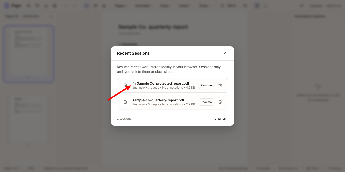 The Recent Sessions list with a lock beside the name of the protected PDF, outlined with an arrow.