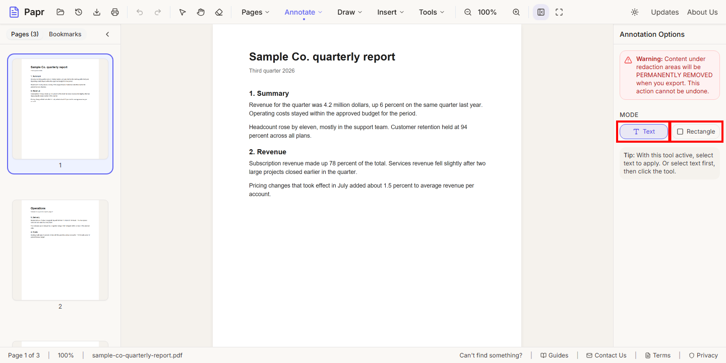 The Annotation Options panel with the Text and Rectangle modes outlined in red. Text is selected.