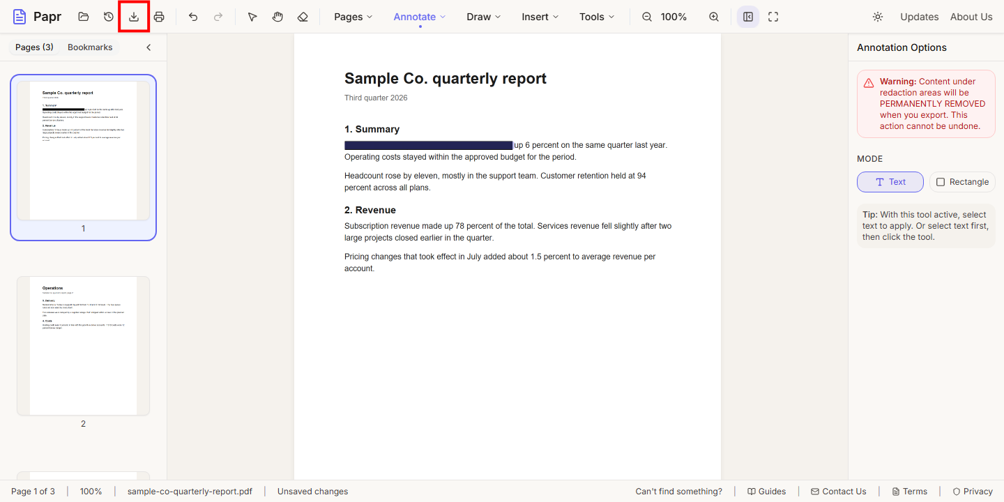 The page with its redaction marks, and the Export button in the toolbar outlined in red.