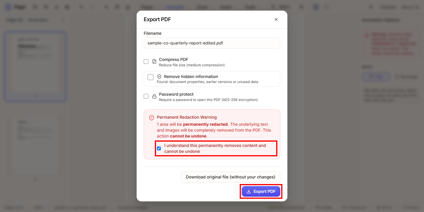 The export dialog with the permanent redaction warning, the confirmation box ticked and the Export PDF button outlined in red.