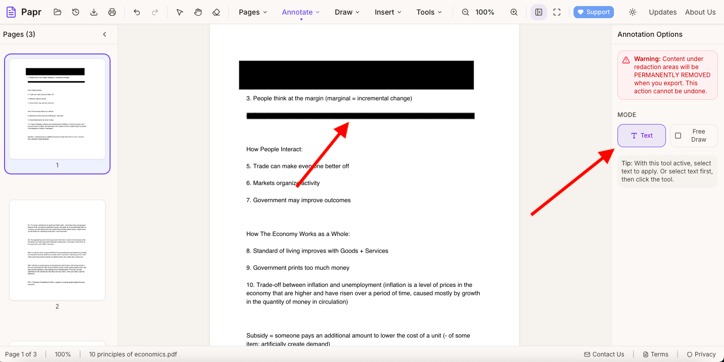 Selection redaction mode - redacting selected text