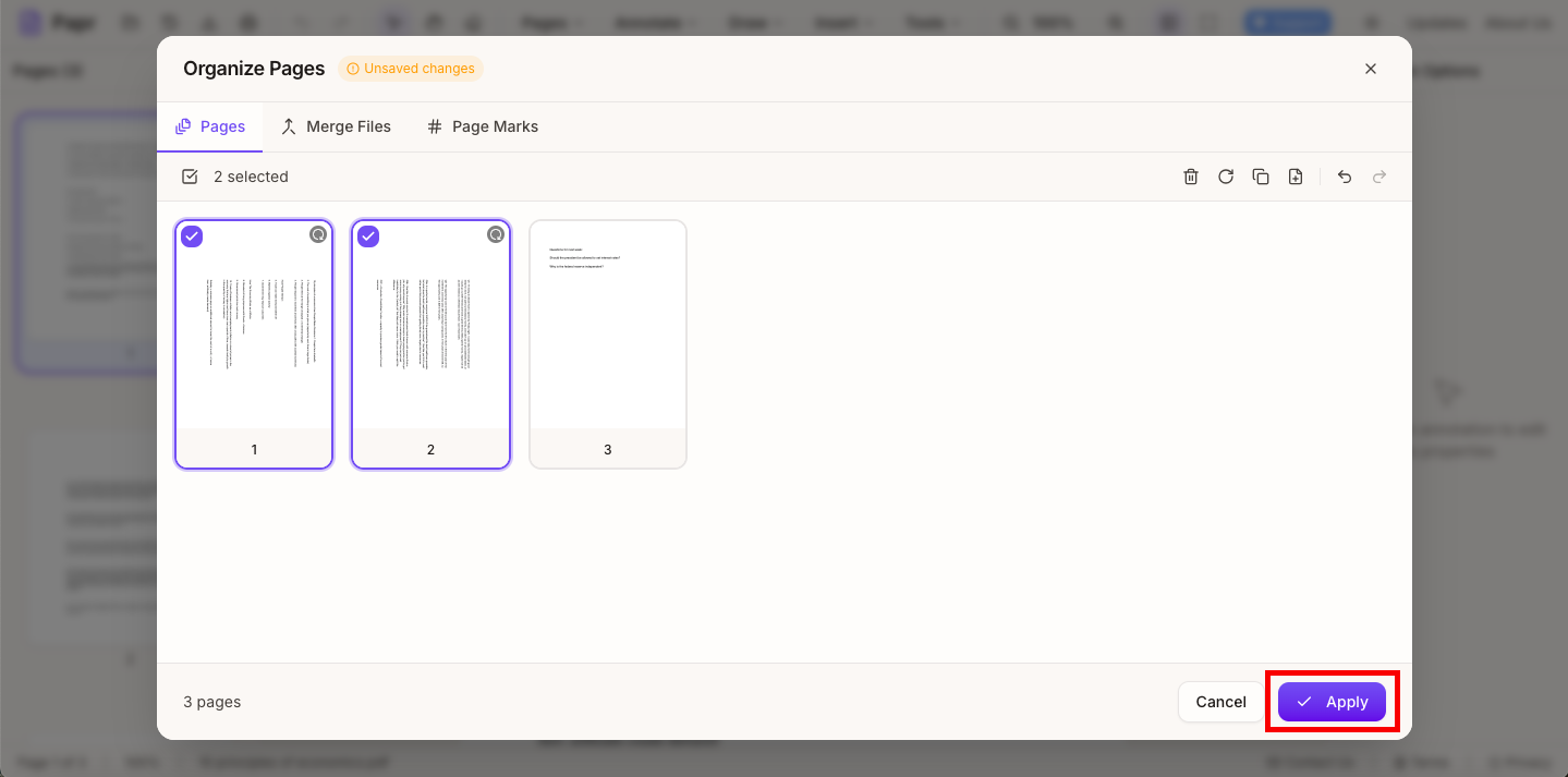 Apply button highlighted in Organize Pages modal
