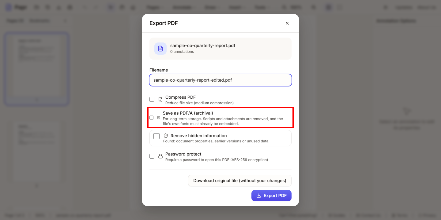 The Export PDF dialog with a red box around the Save as PDF/A (archival) option, which is not ticked.