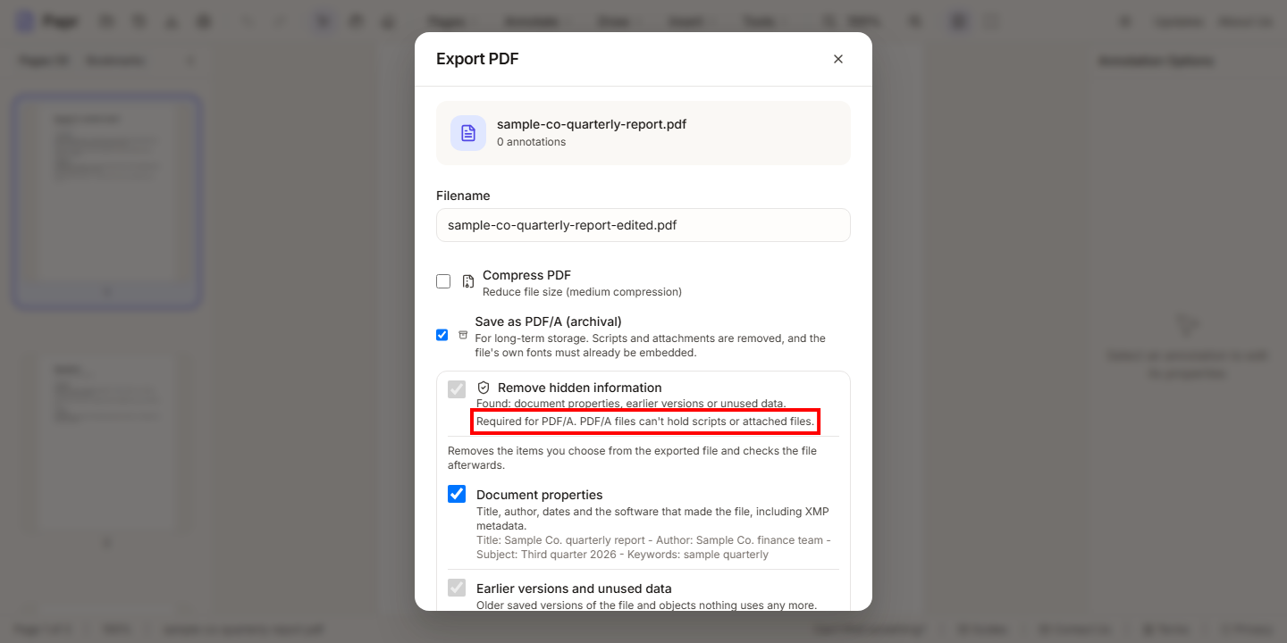 The Export PDF dialog with Save as PDF/A ticked. A red box surrounds the note that says Required for PDF/A, PDF/A files can't hold scripts or attached files.