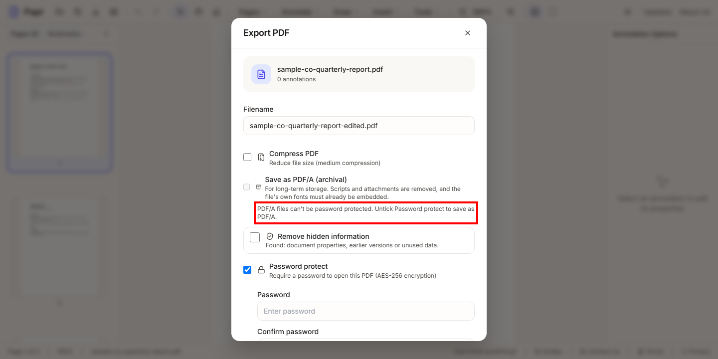 The Export PDF dialog with Password protect ticked. Save as PDF/A is greyed out, and a red box surrounds the line that says PDF/A files can't be password protected.