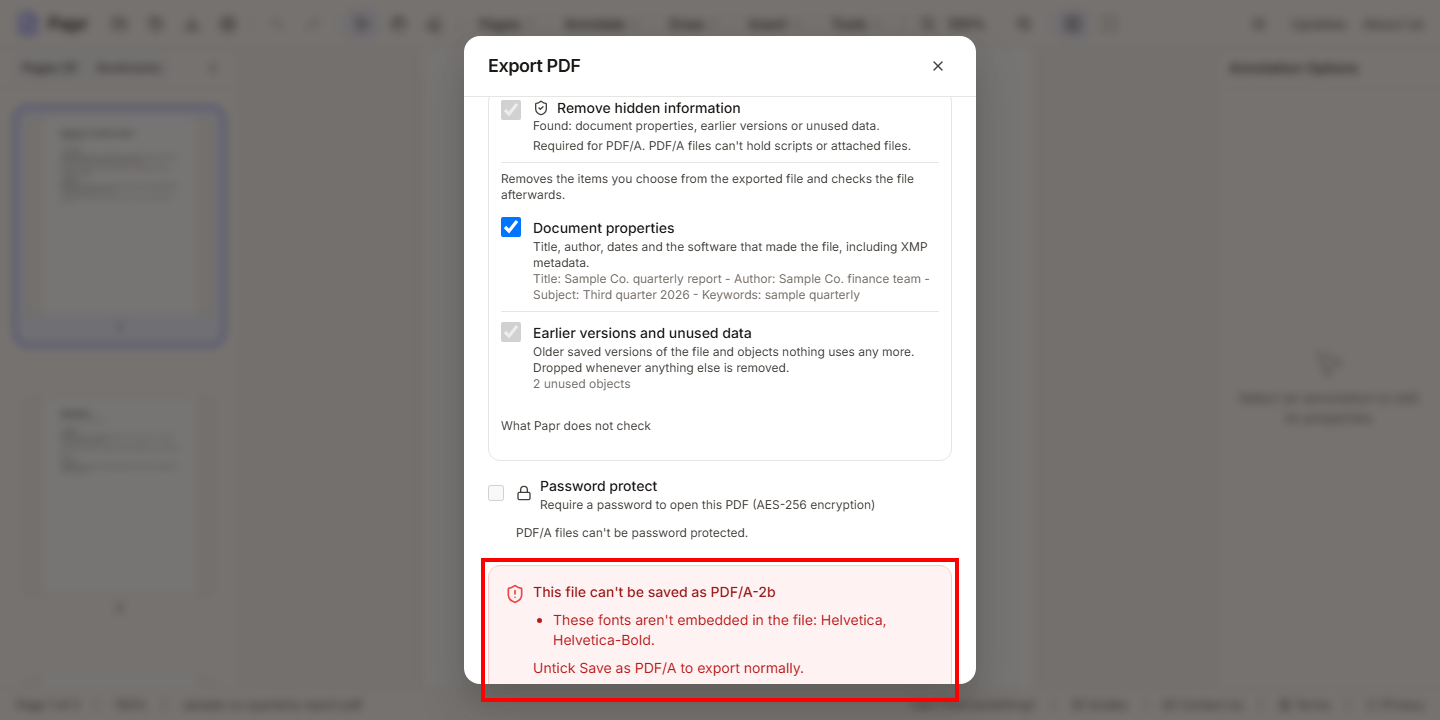 The Export PDF dialog with a red box around the refusal: This file can't be saved as PDF/A-2b, and the reason, These fonts aren't embedded in the file: Helvetica, Helvetica-Bold.