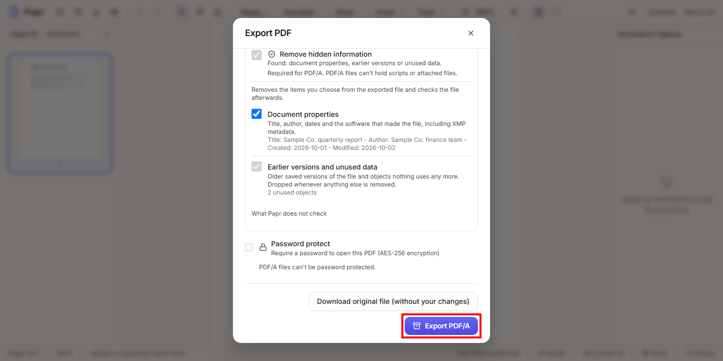The Export PDF dialog with Save as PDF/A ticked and the Export PDF/A button at its foot, outlined in red.