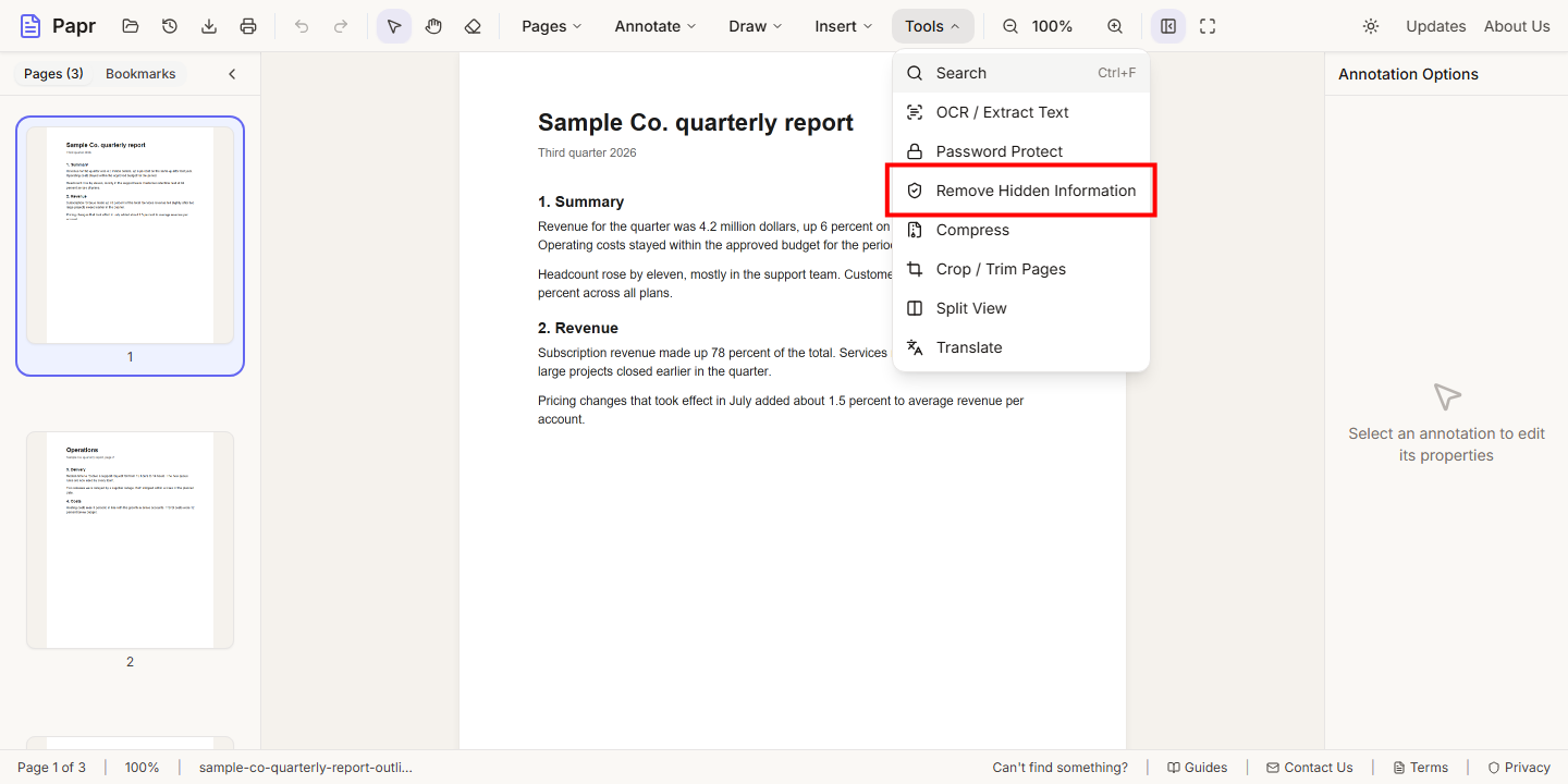The Tools menu open, with Remove Hidden Information outlined in red.