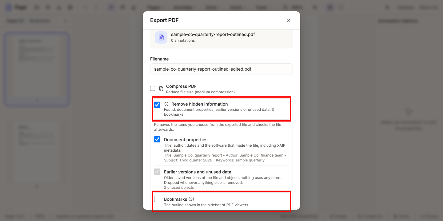 The Export PDF dialog with its Remove hidden information section. The switch at the top and the unticked Bookmarks row are outlined in red.