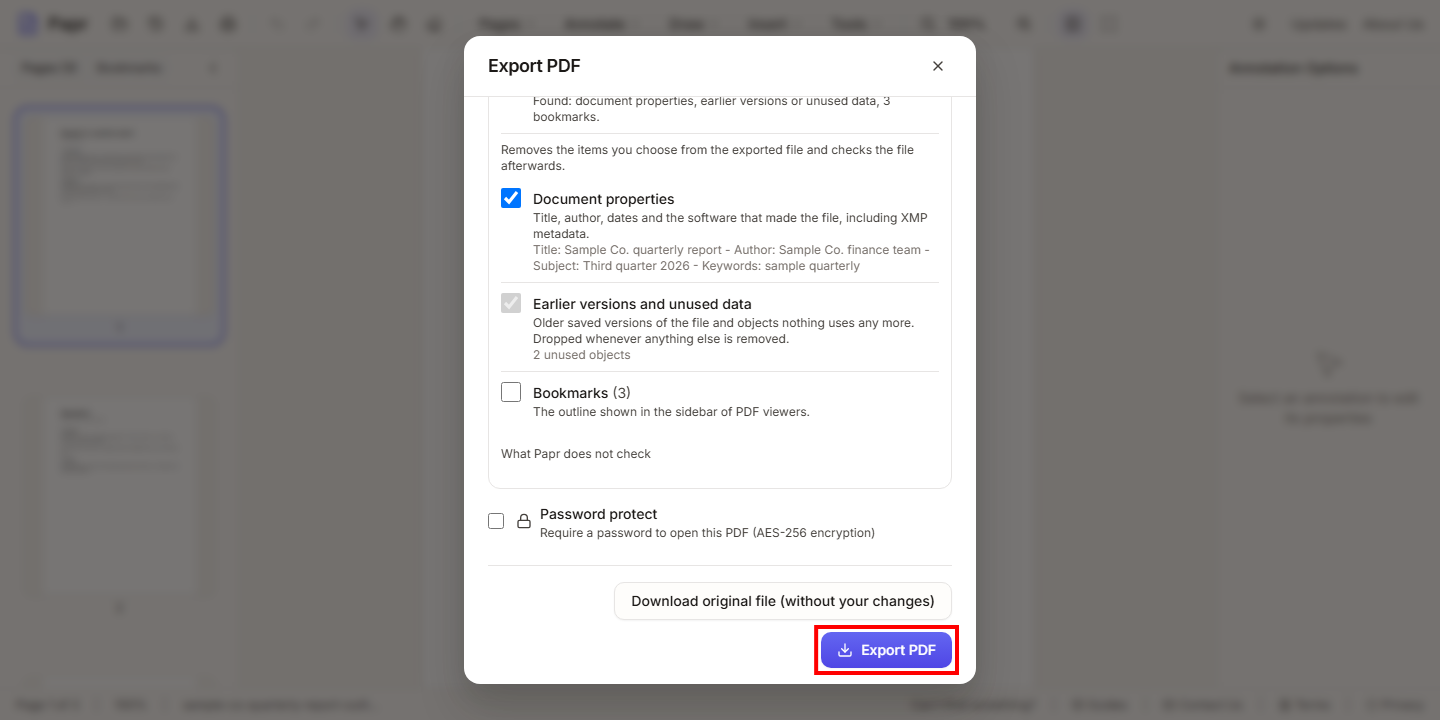 The Export PDF dialog with its Export PDF button outlined in red.