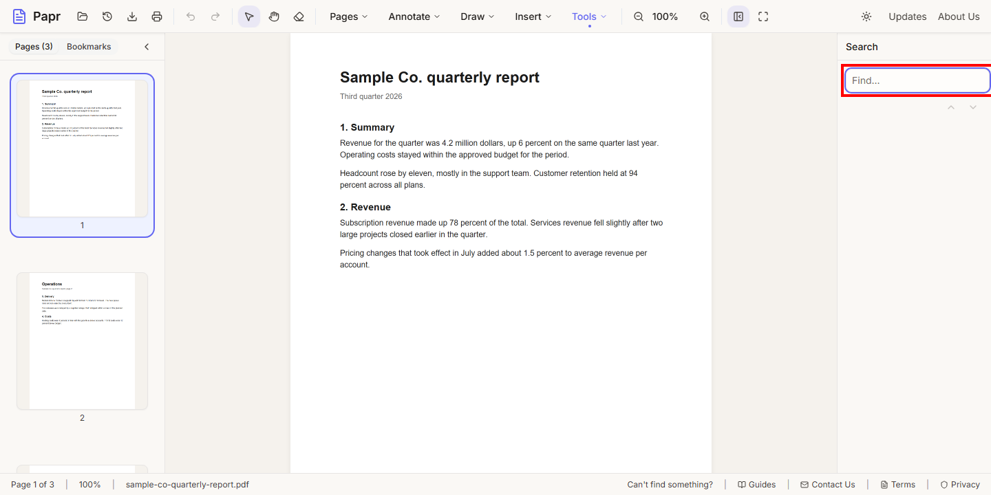 The Search panel on the right of the editor, with the empty search box outlined in red.