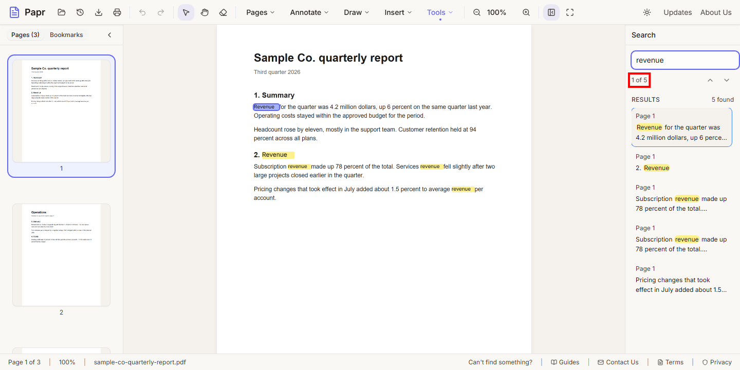 The search panel with revenue typed in, the count 1 of 5 outlined in red, and the results list of five matches.