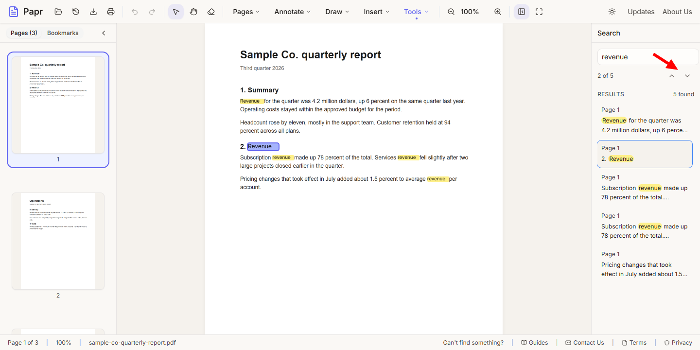 The second match selected in the document and in the results list, with an arrow pointing at the Next match button.