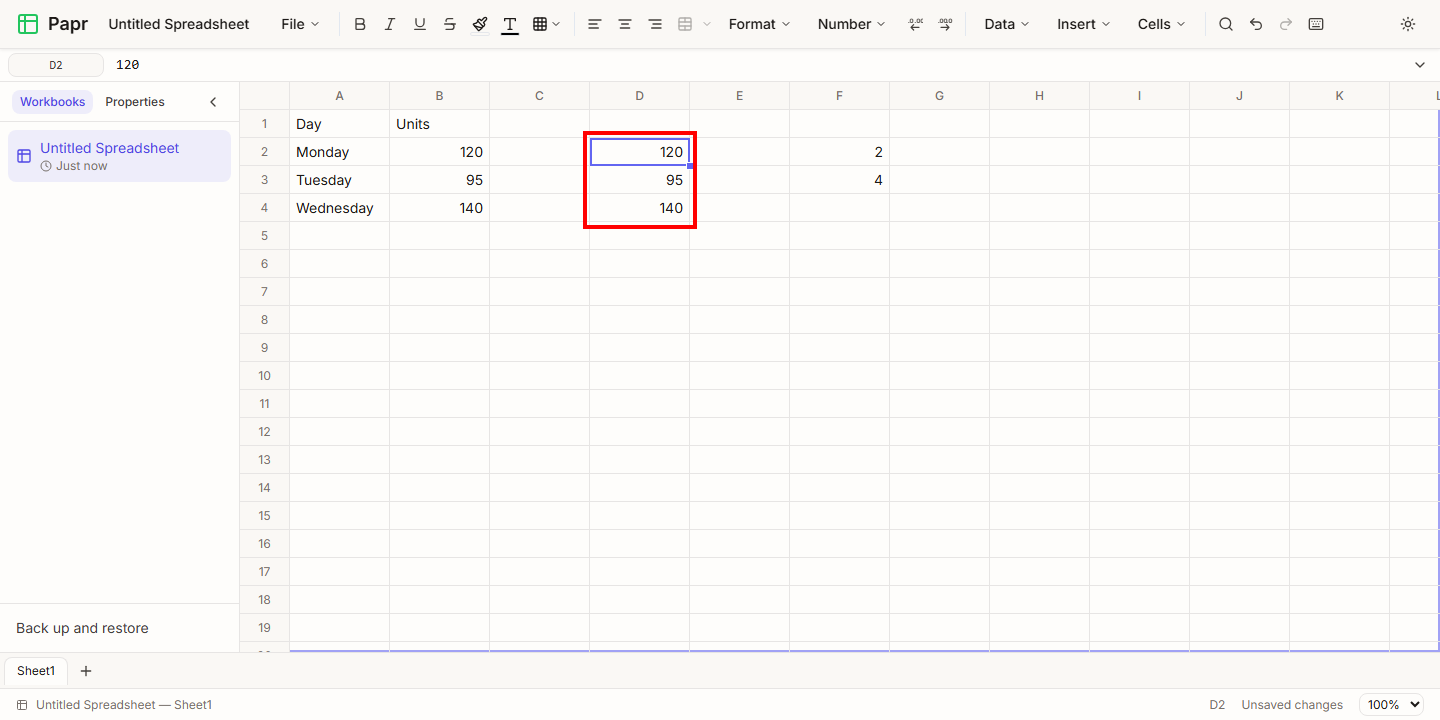 The cells B2 to B4 copied and pasted into D2 to D4, with the pasted block outlined in red.