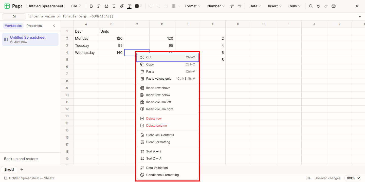 The right-click menu open over cell C4, with Cut, Copy, Paste and Paste values only at the top and the insert and delete commands below, outlined in red.
