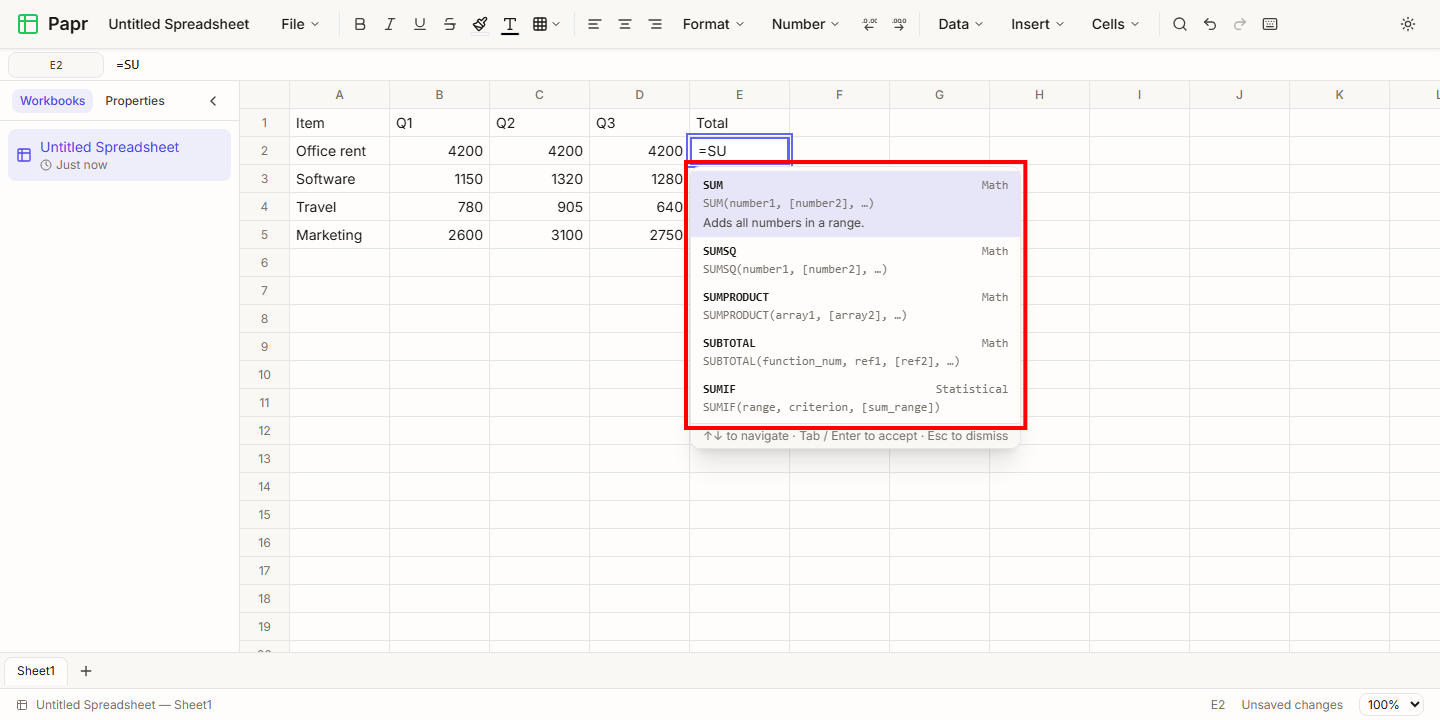 A cell with =SU typed in it, and the function list below it with SUM at the top, outlined in red.