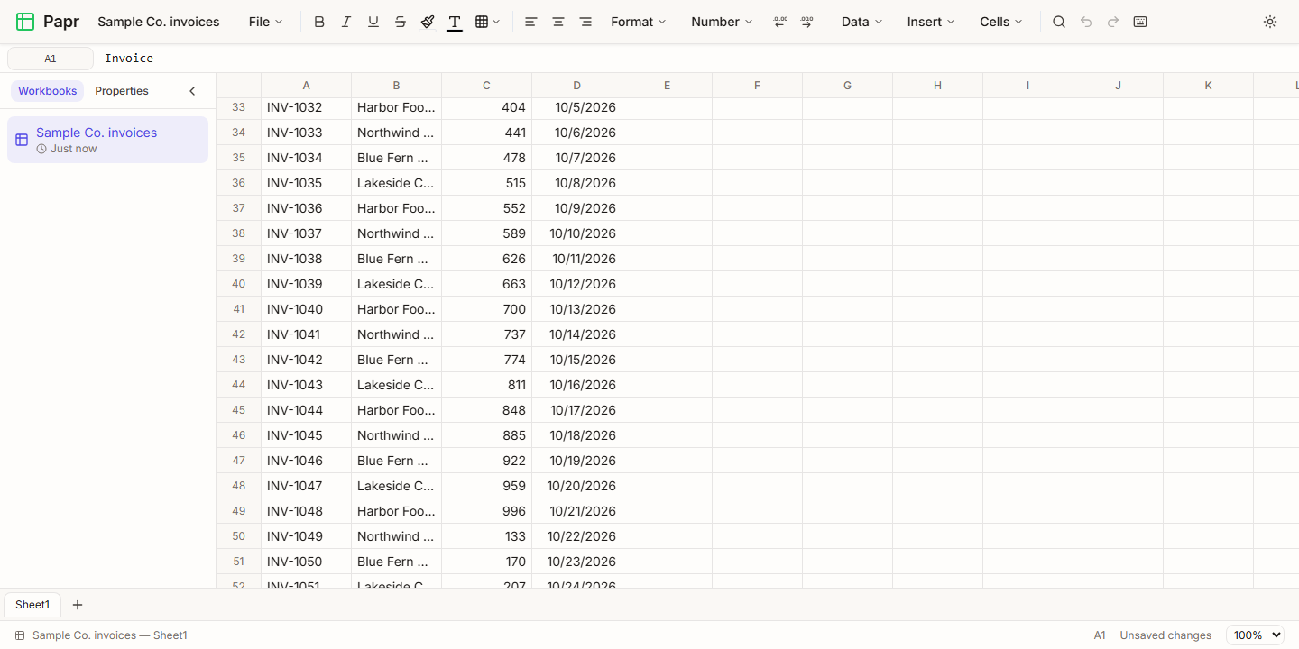 An invoice list scrolled down to rows 34 to 52, with no heading row on screen.