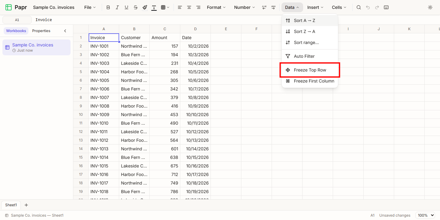 The Data menu open, with the Freeze Top Row item outlined in red.