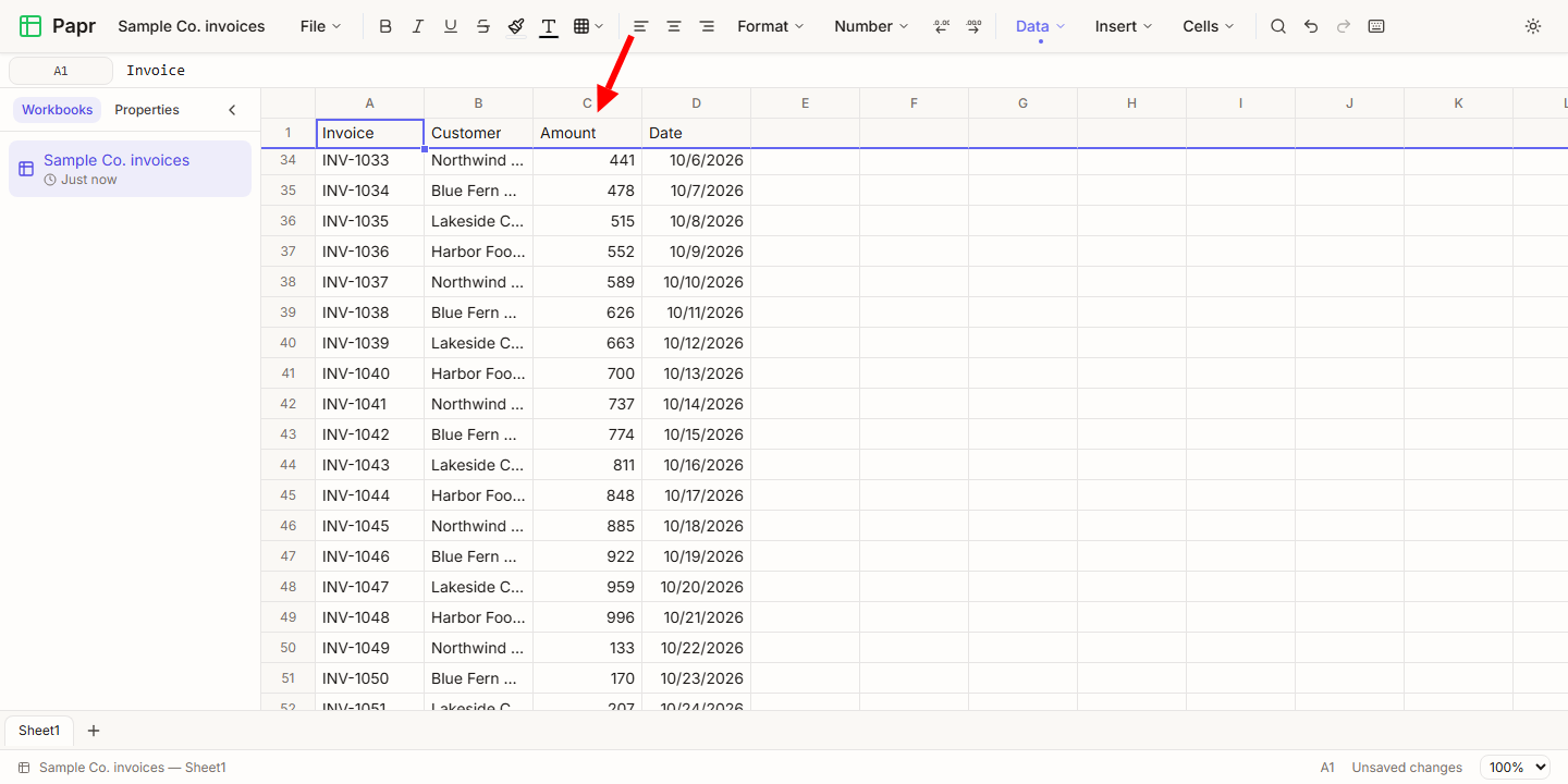 The heading row of the invoice list at the top of the grid while rows 34 to 52 scroll below it, with an arrow pointing at the Amount heading.