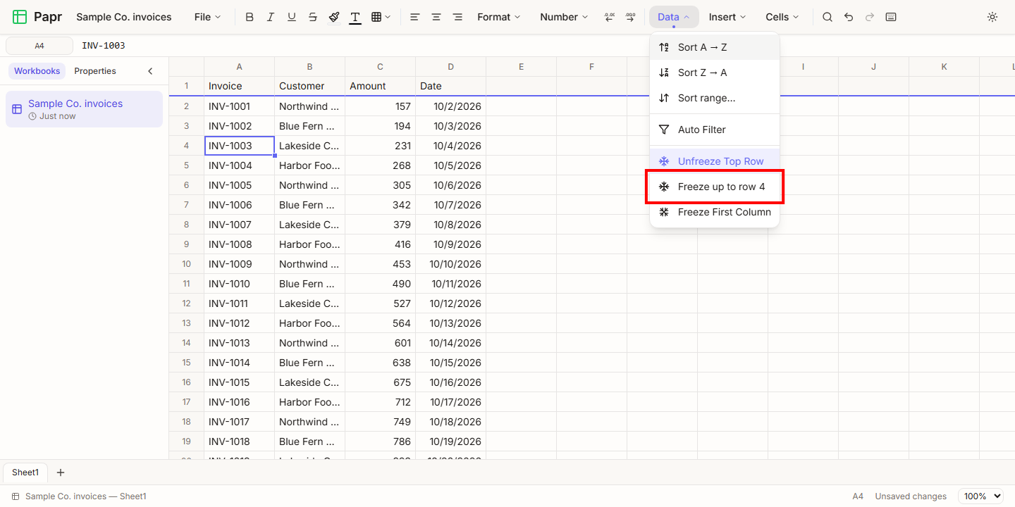 The Data menu open, with the Freeze up to row 4 item outlined in red.