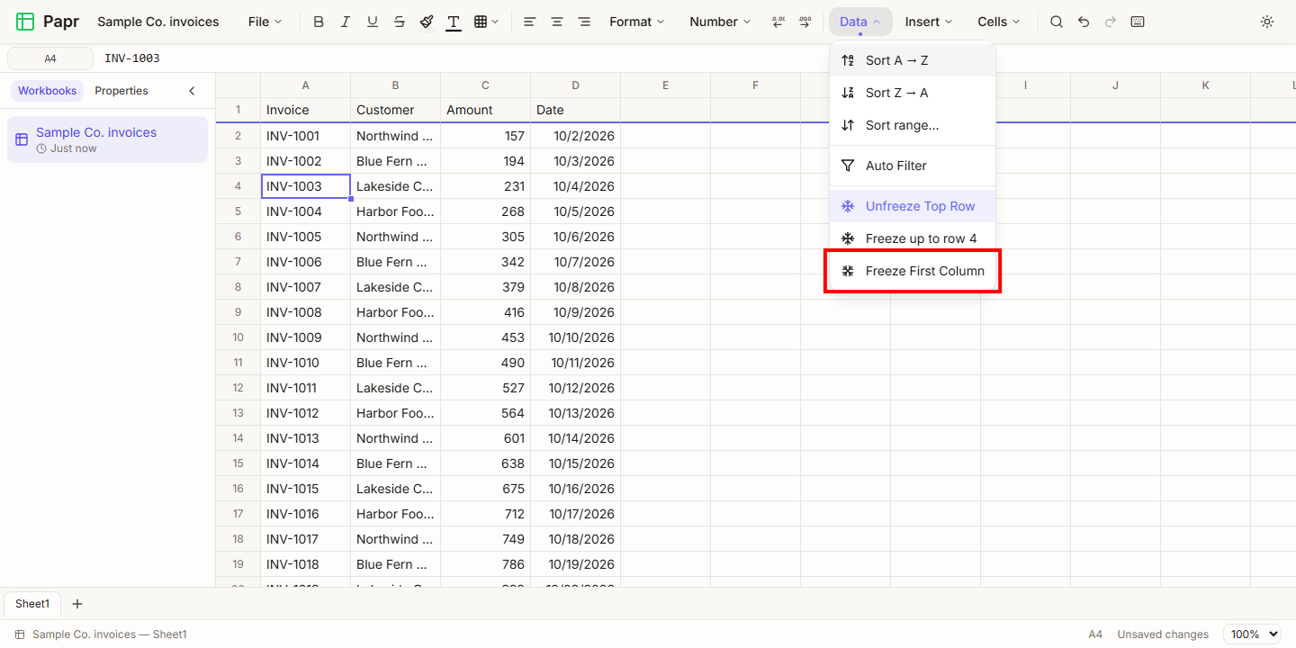 The Data menu open, with the Freeze First Column item outlined in red.