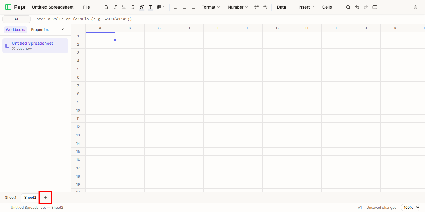 The sheet tabs at the bottom of the screen, with the Add sheet button outlined in red and a new tab named Sheet2.