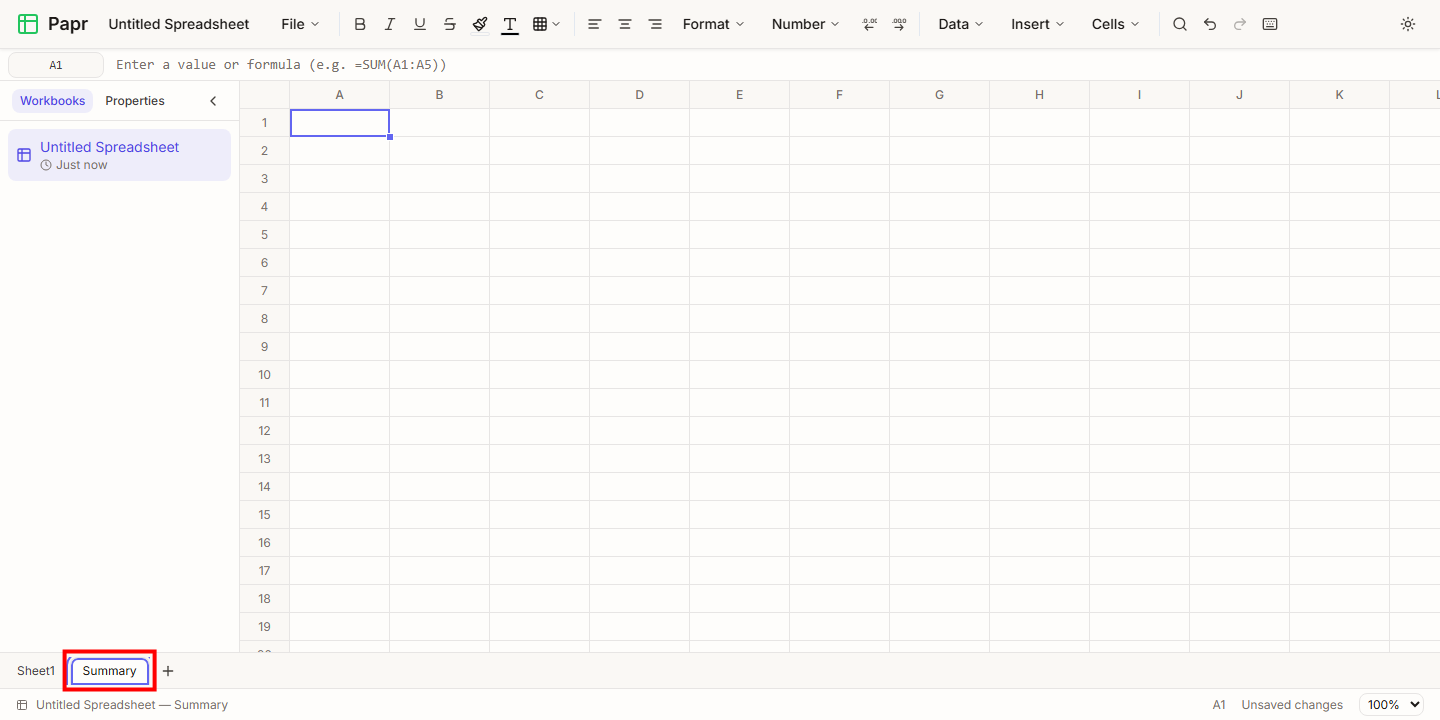 The sheet tabs with the tab named Summary outlined in red.