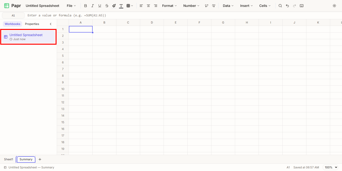 The Workbooks list in the sidebar with the open workbook outlined in red.