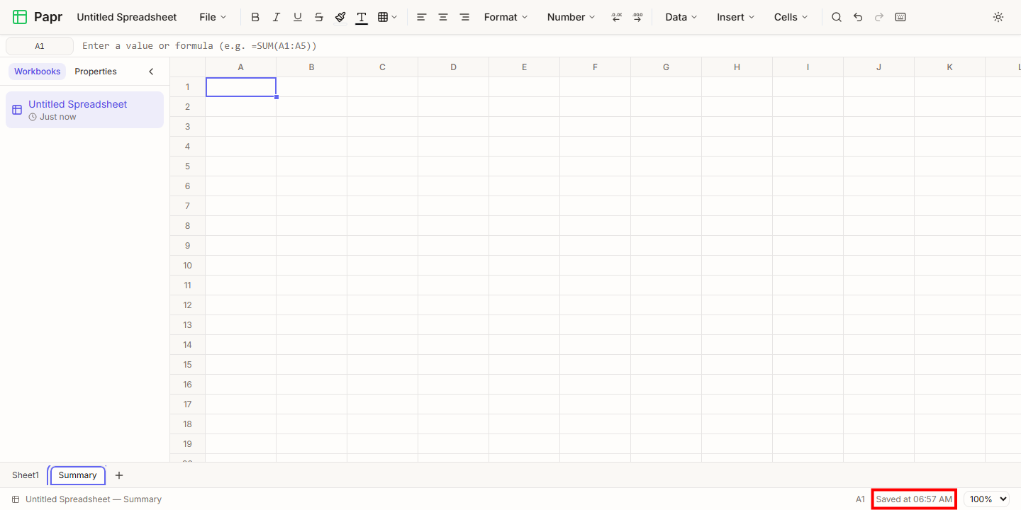 The status bar with the Saved at message outlined in red.
