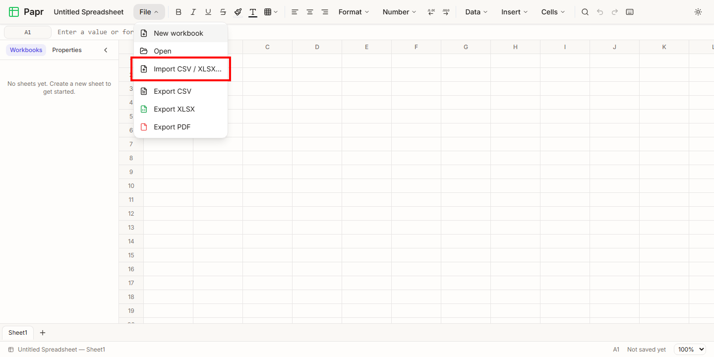 The File menu open, with the Import CSV / XLSX item outlined in red.