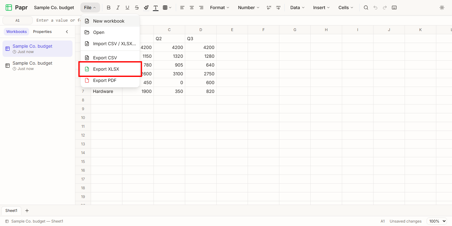 The File menu open, with the Export XLSX item outlined in red.