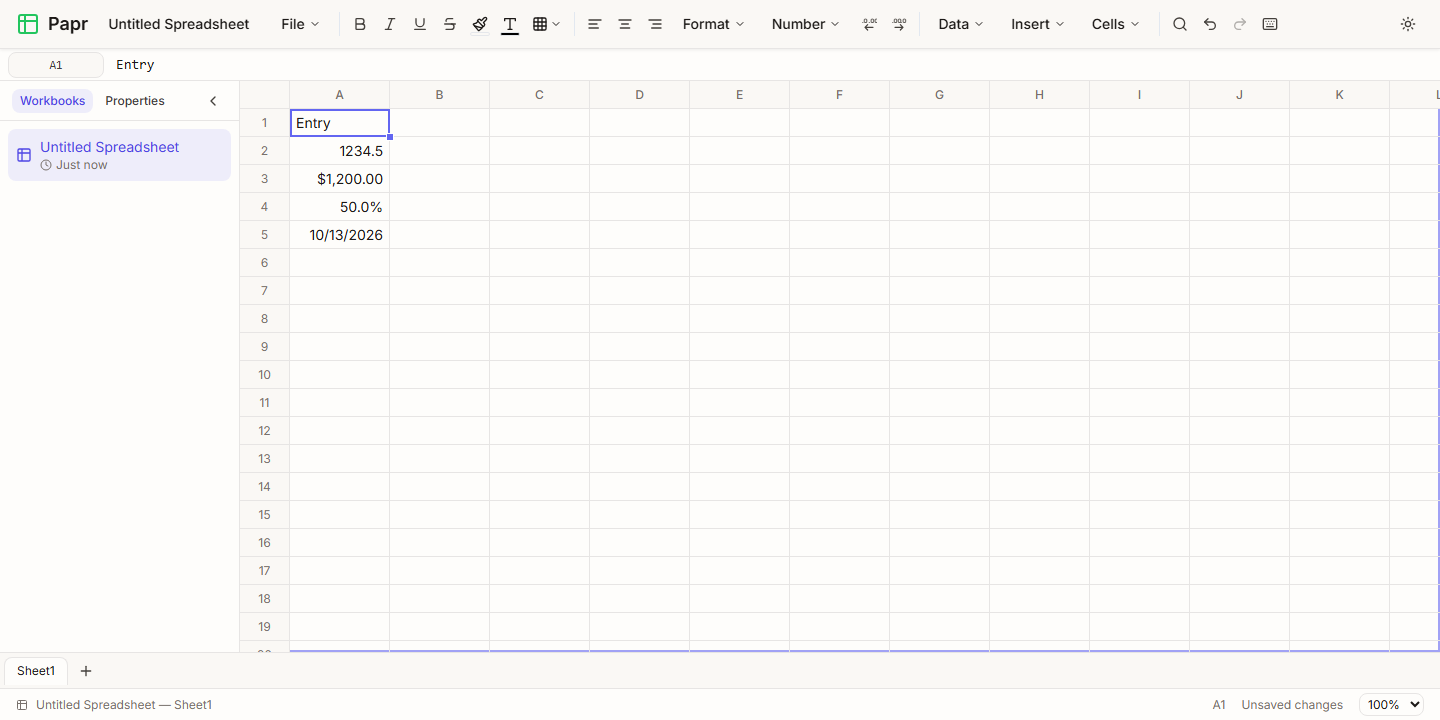 Four values in column A: 1234.5, $1,200.00, 50.0% and the date 10/13/2026.