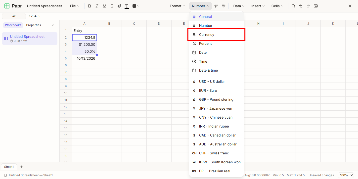 The Number menu open, with the Currency item outlined in red and the currency list below it.