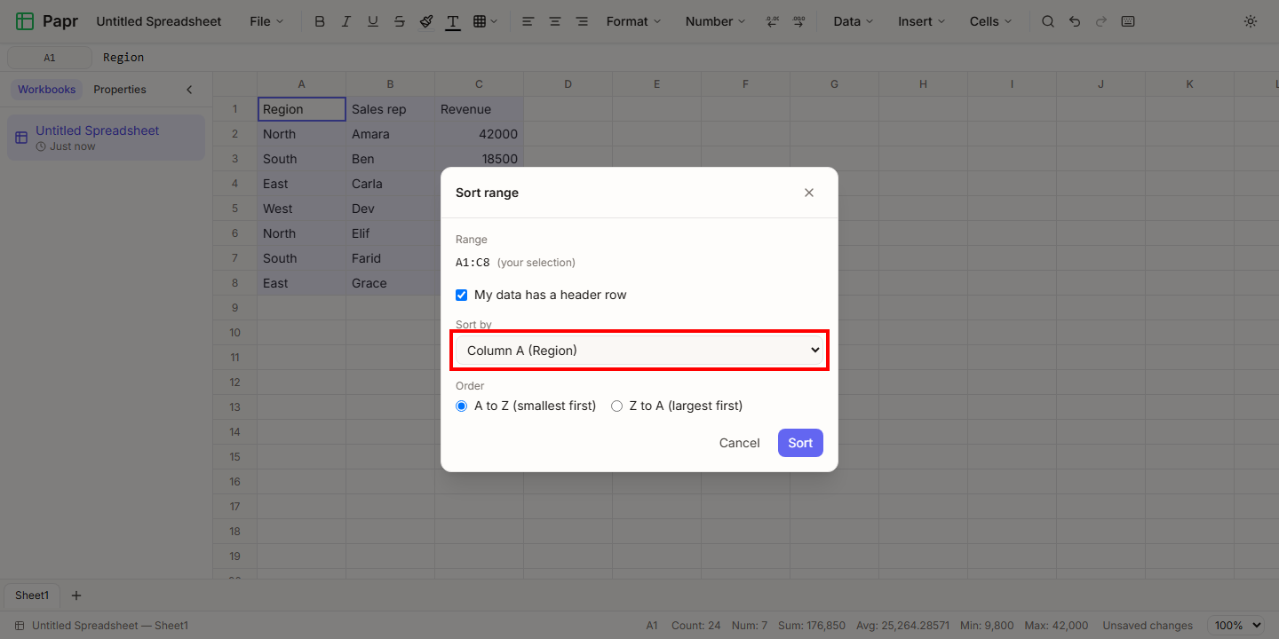 The Sort range dialog with the Sort by list outlined in red.