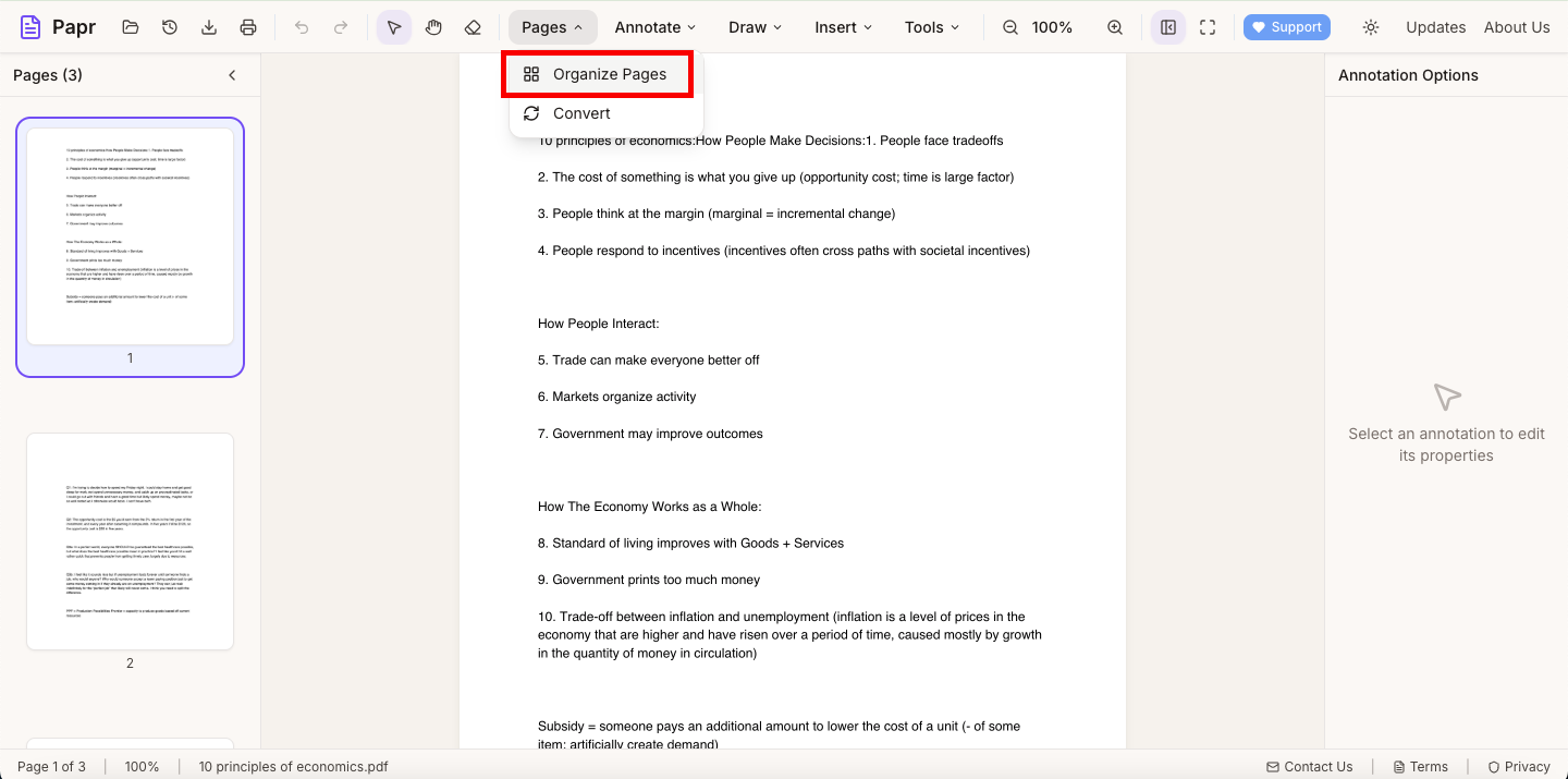 Pages dropdown menu showing the Organize Pages option highlighted