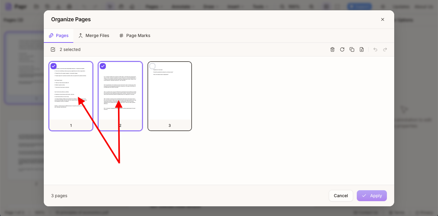 Thumbnail view showing multiple pages selected and highlighted